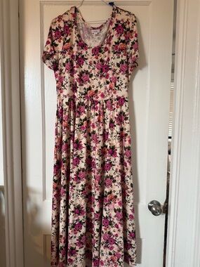 LuLaRoe Cream Maxi Dress with Pink & Green Floral Print